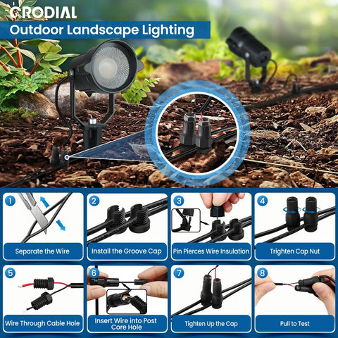 All In One Low Voltage Landscape Lighting Kit With Six 6W LED Spot Lights 100W Transformer 50 Feet Cable 12 Connectors Waterproof Outdoor Lights For Garden Pathways And Trees 2700K 12 To 24V 6 Pack installation steps and close-up of connectors