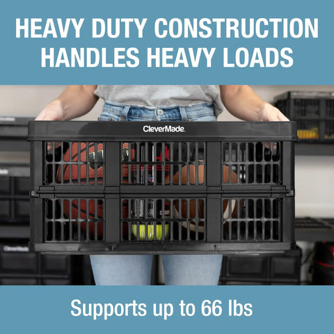 Foldable 45L Collapsible Utility Crate Heavy Duty Plastic Storage Box With 66 lb Capacity shown holding sports equipment.