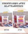Gradient Sublimation Transfer Paper Set Pro Grade 15 Sheets 12x10 Inch Ombre Pattern for Tumblers and T Shirts DIY Sublimation Ready to Cut Paper for Easy Transfers, showing a before and after heat transfer on a pillowcase.