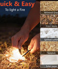 Hands using Four Inch Long Ferro Rod Fire Starter Kit With Orange Paracord Lanyard Handle And Striker Three Eighths Inch Thick Quick Start Fire Ignition For Camping Hiking Bushcraft Survival Prep Easter Basket Stuffer to ignite fire.