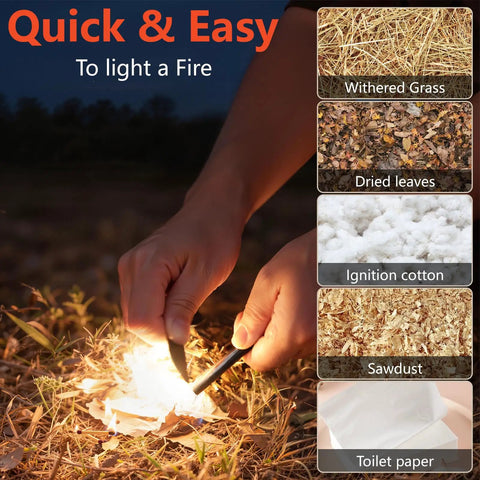 Hands using Four Inch Long Ferro Rod Fire Starter Kit With Orange Paracord Lanyard Handle And Striker Three Eighths Inch Thick Quick Start Fire Ignition For Camping Hiking Bushcraft Survival Prep Easter Basket Stuffer to ignite fire.