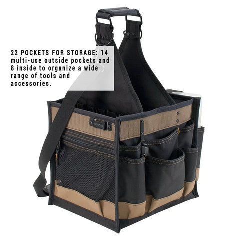 Large Electrical And Maintenance Tool Carrier With 22 Pockets, 8.75 Inch By 6.5 Inch Multi Compartment Tray, Heavy Duty Black Tool Bag For Electricians, Maintenance Pros, And DIY Enthusiasts On The Go, black