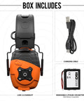 Bluetooth Hearing Protection Earmuffs For Worksite Use With Noise Reduction And All Day Comfort Heavy Duty OSHA Compliant Earmuffs Headphones For Busy Jobsites showing box contents with charging cable and lithium-ion battery.