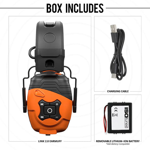 Bluetooth Hearing Protection Earmuffs For Worksite Use With Noise Reduction And All Day Comfort Heavy Duty OSHA Compliant Earmuffs Headphones For Busy Jobsites showing box contents with charging cable and lithium-ion battery.