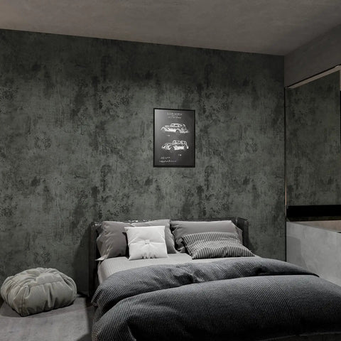 Bedroom with Big Roll Industrial Concrete Peel And Stick Wallpaper 32 By 354 Inches Self Adhesive Cement Look Matte Vinyl, dark grey walls