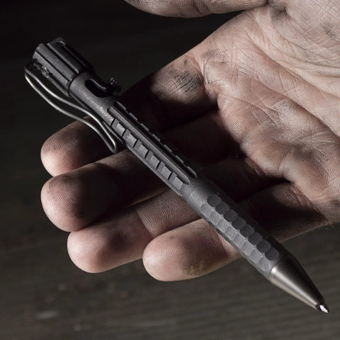 All Weather Readiness Metal Tactical Pen With Bolt Action Clicker Glass Breaker Tip Heavy Duty Aluminum Body Black Ink Built for EDC and Adventure Made in the USA held in hand