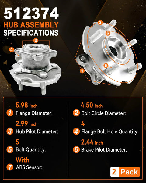 2 Pack Rear Wheel Bearing Hub Assembly 512374 for Toyota RAV4 2006-2018 and Lexus NX300h 2015-2021 specifications