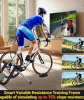 Cyclist using Smart Bike Trainer Stand For 26 To 29 Inch And 700C Wheels With Bluetooth 4.0 And ANT Plus, indoor setup
