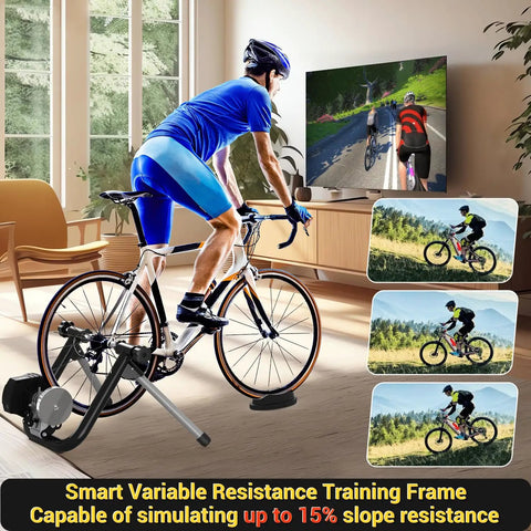 Cyclist using Smart Bike Trainer Stand For 26 To 29 Inch And 700C Wheels With Bluetooth 4.0 And ANT Plus, indoor setup
