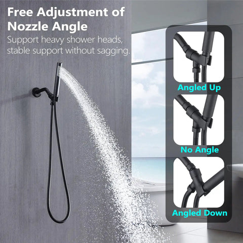 All Metal Shower Head Holder Mount For Handheld Showers Rugged Heavy Duty Solid Brass Ball Joint 360 Degree Swivel Easy Installation No Tools Required, black wall mount angled up