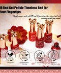 Bottles of JR red gel nail polish with flower backdrop, featuring bow-topped caps