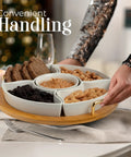 Person serving appetizers on chip and dip serving set with 13.5 inch ceramic platters and trays, lazy Susan style platter