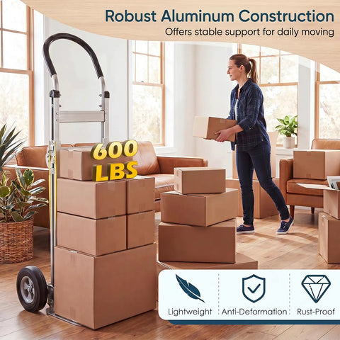 Heavy Duty Folding Hand Truck Workhorse With Aluminum Dolly Cart moving boxes in a living room, ergonomic grip, 600 lbs capacity