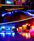 RGB Color Changing LED Strip Lights 20 Foot With Remote Control 5050 SMD LEDs 24V Dimmer And Color Modes For Living Room Bedroom Kitchen Home Decor Party Vibe Halloween And Christmas installed in atmospheric club interior
