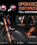 Adult Electric 26 Inch Fat Tire Mountain Bike With Full Suspension And 4000W Dual Motors Screamin At 46 Mph On A Massive 52V 70Ah Pack Delivering 200 Mile Range Built Different For Rip Trails Or Cruisin City Streets With Rack Gray showing upgraded full suspension fork and shock features.