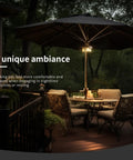 Donut Design Patio Umbrella Light With LED Edison Bulbs Cordless Battery Powered Pole Light in garden setup at night