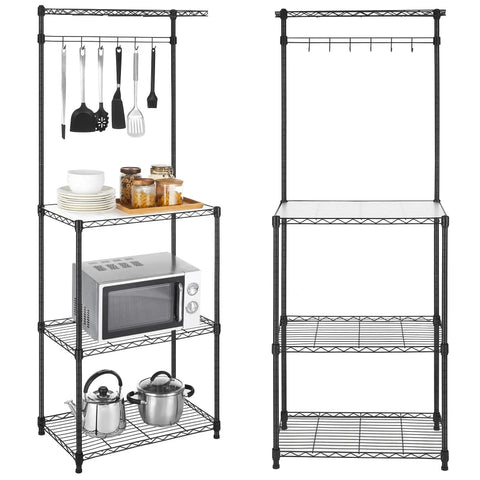 Sleek Adjustable Baker Rack Featuring Four Roomy Tiered Shelves And Six Sturdy Hanging Hooks Delivering A Straight Up Kitchen Game Changer For Counter Storage