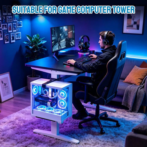 Built Tough Under Desk Pc Mount Clamp On Computer Tower Case Holder Handles Fifty Pounds Fits Standard Desk Legs with glowing gaming setup