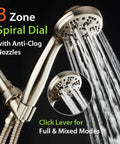 High Pressure 6 Setting Brushed Nickel Handheld Shower Head With Stainless Steel Hose spraying water, 3 zone dial