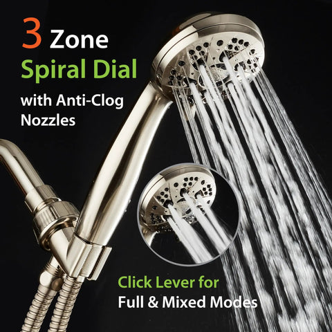 High Pressure 6 Setting Brushed Nickel Handheld Shower Head With Stainless Steel Hose spraying water, 3 zone dial
