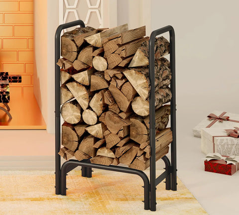 Detachable Round Tube Firewood Rack Log Holder For Indoor And Outdoor Fireplaces, Black Firewood Storage Organizer Holds Logs