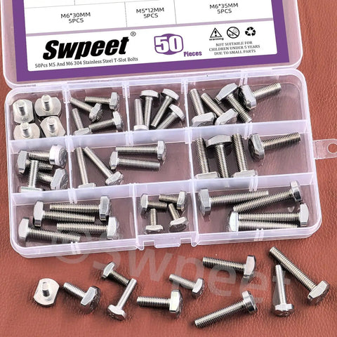 50Pcs T Slot Bolt Kit With 10 Sizes M5 M6 In Stainless Steel Hammer Head Bolts in clear organizer box for CNC and framing