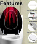 Elongated Toilet Seat Slow Close Bathroom Replacement with artistic black and red design and stainless steel hinges.