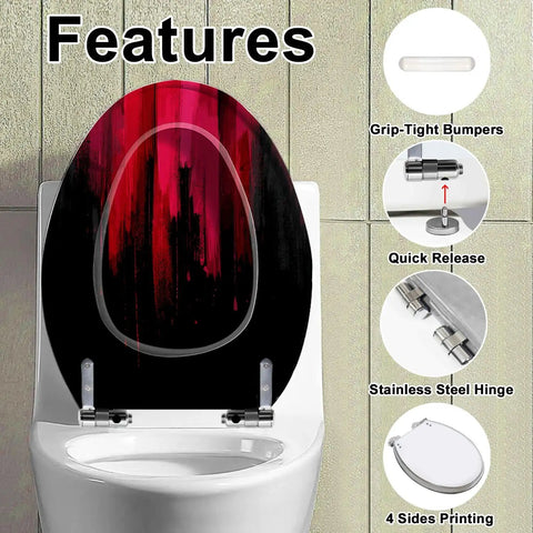 Elongated Toilet Seat Slow Close Bathroom Replacement with artistic black and red design and stainless steel hinges.