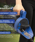 Person holding Handheld All Season Spreader For Ice Melt And Yard Care 5 lb Capacity with flow control, blue color.