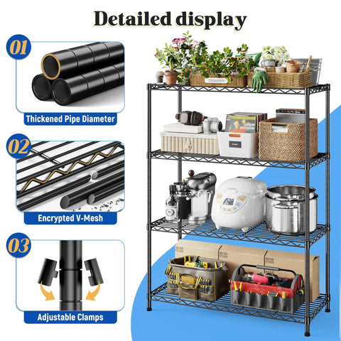 Beefy Heavy Duty 4 Tier Storage Rack With Adjustable Shelves In Black Strong Steel Garage Shelving Unit Holds Up To 620 Lbs Total shown with adjustable clamps and V-mesh shelves