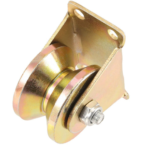 Close-up of 2-inch V-groove wheel with mounting bracket, yellow zinc-plated steel