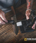 Precision Adjustable Knife Sharpener Kit with Fixed Angle Jig sharpening a chef's knife on wooden table