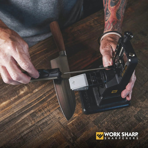 Precision Adjustable Knife Sharpener Kit with Fixed Angle Jig sharpening a chef's knife on wooden table