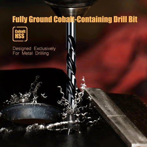 Three Sixteenth Inch HSS M35 Cobalt Twist Drill Bits Pack Of Ten For Metalworking showing bit drilling through metal