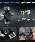 U Joint 1350 Series Greaseable Outside Snap Ring 5178X with 1.188 Inch Cap and 3.625 Inch Lock Up, steel and rubber