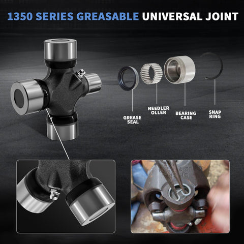 U Joint 1350 Series Greaseable Outside Snap Ring 5178X with 1.188 Inch Cap and 3.625 Inch Lock Up, steel and rubber