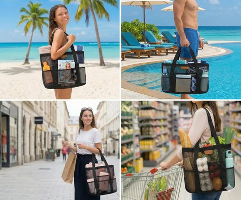Mesh Beach Tote For Women With 8 Pockets And Inner Zipper Pocket, Waterproof Sandproof Beach Bag shown in various uses and settings