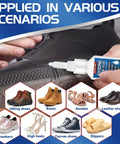 Heavy Duty Shoe Glue 30g for sole repair applied to a black sneaker with images of other shoe types like boots and heels.