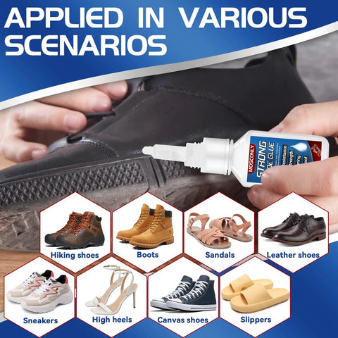 Heavy Duty Shoe Glue 30g for sole repair applied to a black sneaker with images of other shoe types like boots and heels.