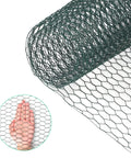 Green PVC Coated Chicken Wire Netting With Galvanized Core Hexagonal Mesh 15.7 By 90.5 Inches, detail showing mesh size and texture