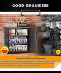 36 Inch Locking Metal Storage File Cabinet With Doors And Shelves For Office Home Gym School Kitchen Black The Workhorse For Secure Lockable Storage Of Documents And Supplies Durable Heavy Duty Steel Build with two doors open, showing organized contents against a brick background.