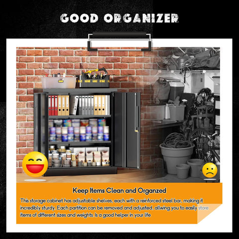 36 Inch Locking Metal Storage File Cabinet With Doors And Shelves For Office Home Gym School Kitchen Black The Workhorse For Secure Lockable Storage Of Documents And Supplies Durable Heavy Duty Steel Build with two doors open, showing organized contents against a brick background.