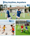 Portable Backyard Soccer Goal 6x4 Ft With Net And Ground Stakes shown in backyard, beach, and soccer field settings.