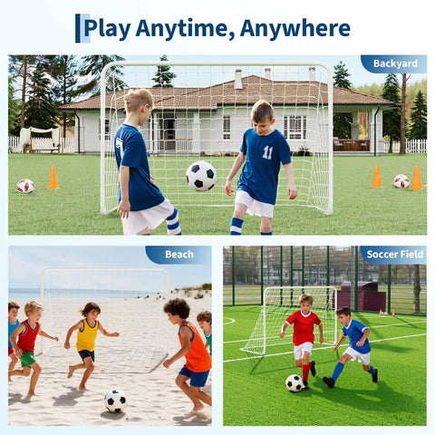 Portable Backyard Soccer Goal 6x4 Ft With Net And Ground Stakes shown in backyard, beach, and soccer field settings.