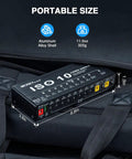 Guitar Pedal Power Supply For Your Rig With 10 Isolated Outputs And USB Port shown on a bag with dimensions and specs.