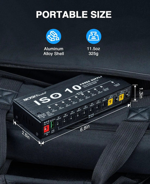 Guitar Pedal Power Supply For Your Rig With 10 Isolated Outputs And USB Port shown on a bag with dimensions and specs.