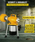 Badass Heavy Duty 400W Electric Drain Snake With 6 Foot Manganese Steel Spring Coiled Pipe Auger shown in shower setting with portable handle.