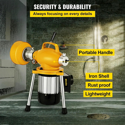 Badass Heavy Duty 400W Electric Drain Snake With 6 Foot Manganese Steel Spring Coiled Pipe Auger shown in shower setting with portable handle.