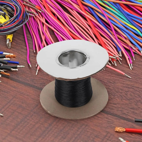 Flame Retardant Braided Cable Sleeve Expandable Mesh Wire Loom Cord Protector on spool, surrounded by colorful wires, heavy duty.