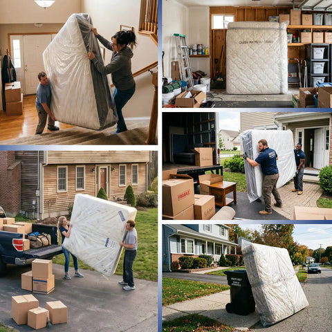 Two Pack Mattress Bags For Moving And Storage Fits King Or Queen Size Waterproof Tear Resistant 2 Mil Heavy Duty Mattress Covers 107 By 78 By 14 Inches Airtight Dust And Moisture Protection in use, showing various moving scenarios with people carrying and loading the wrapped mattresses into different locations and vehicles.